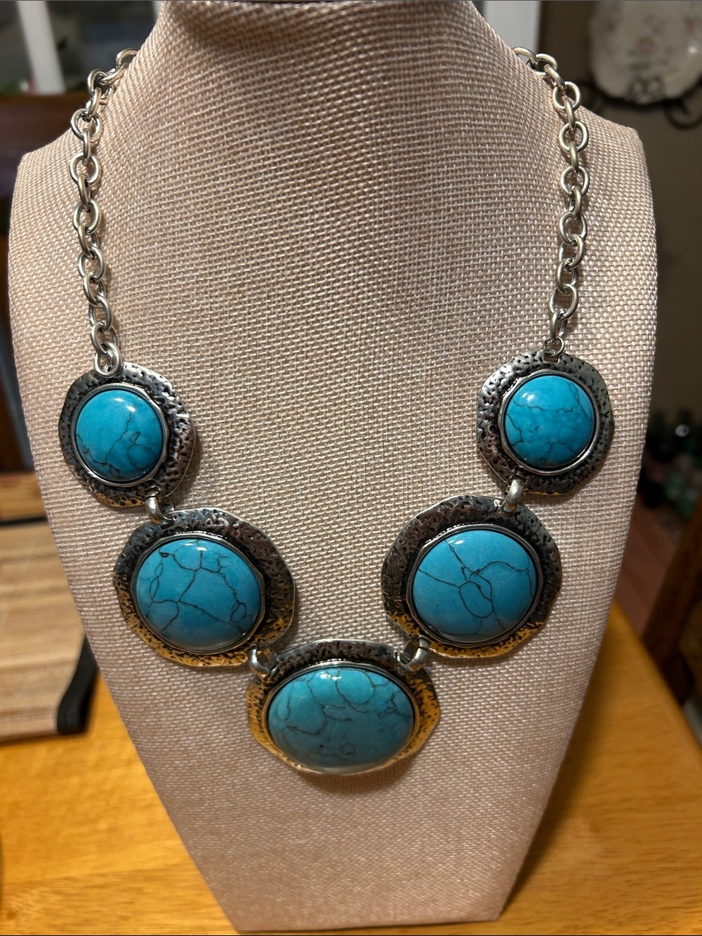 Turquoise Stone Statement Necklace - Silver-Tone